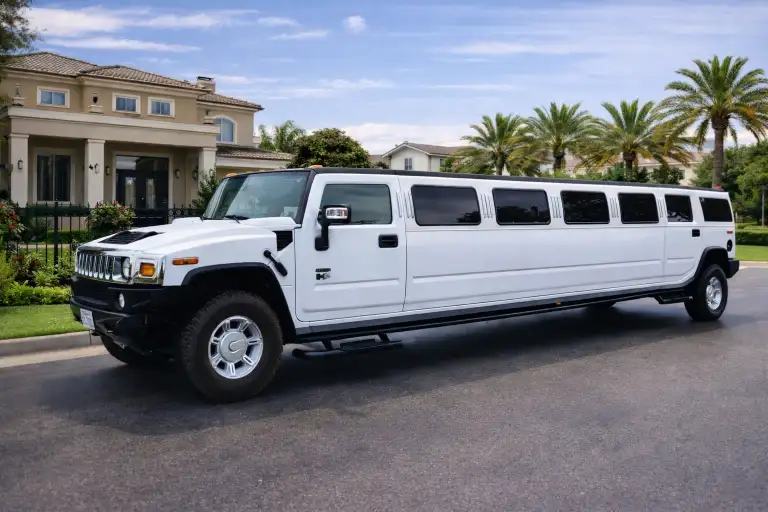 White Hummer H2 stretch limousine in a driveway