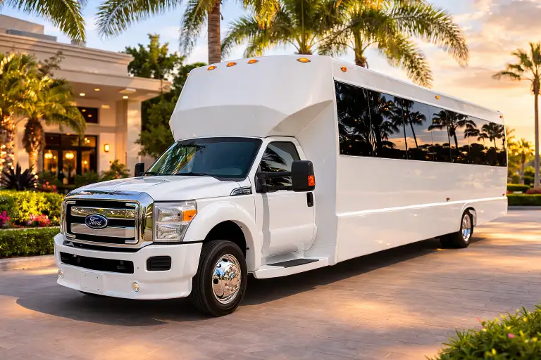 White party bus with tinted windows
