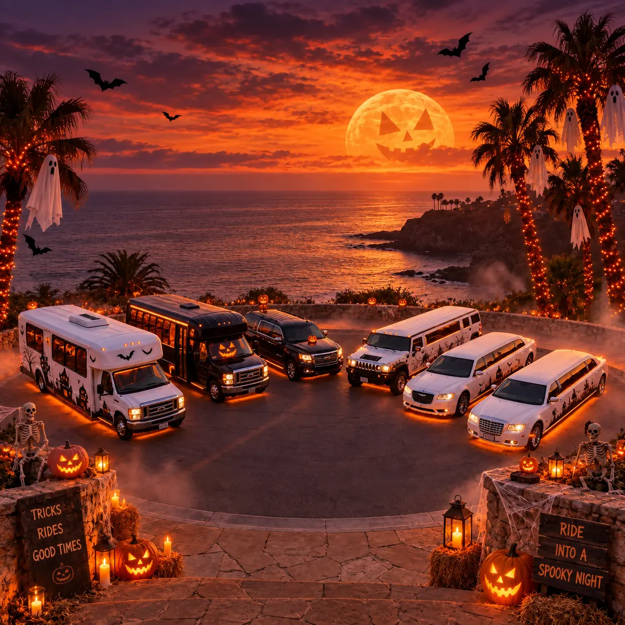 5 Star Limousine Service and Party Bus Rental luxury vehicle available for Halloween 2026 night out in Orange County